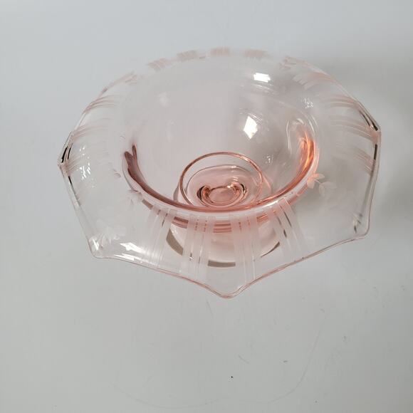 Vintage Pink Depression Glass Etched Rim Pedestal Compote Bowl - Picture 4 of 9